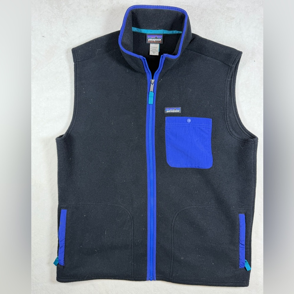 Patagonia Black Fleece Vest with Royal Blue Trim and Pocket